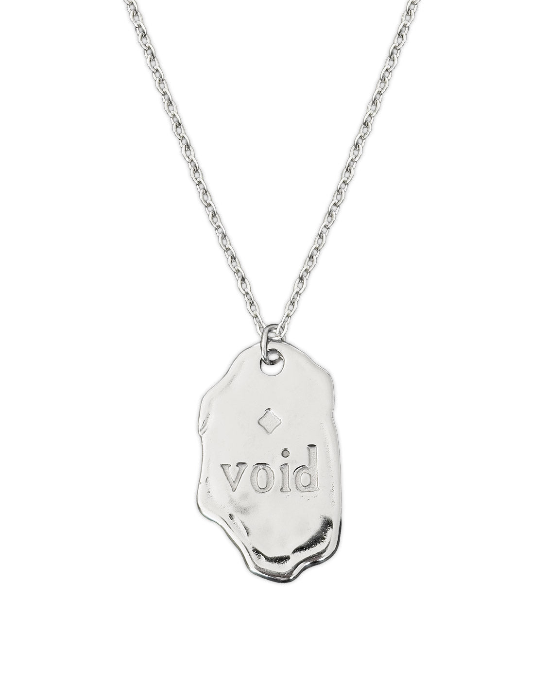 Silver necklace with a pendant engraved with the word 'void' on a white background
