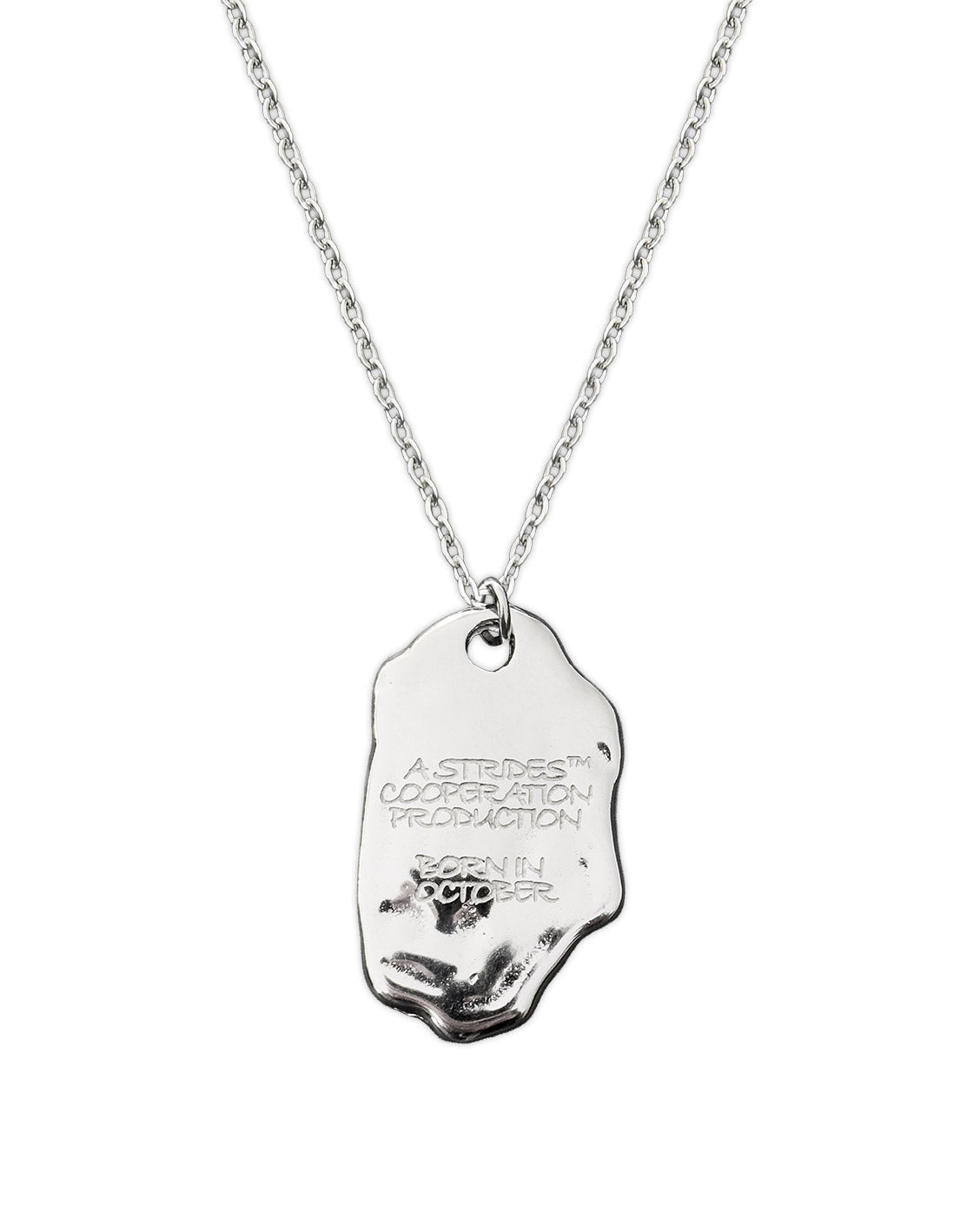 Silver necklace with a tag pendant on a white background