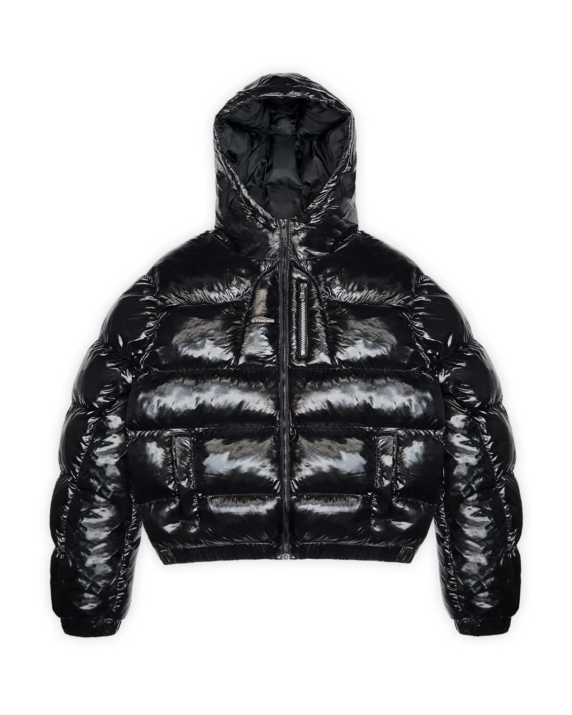 Black puffer jacket with a hood on a white background
