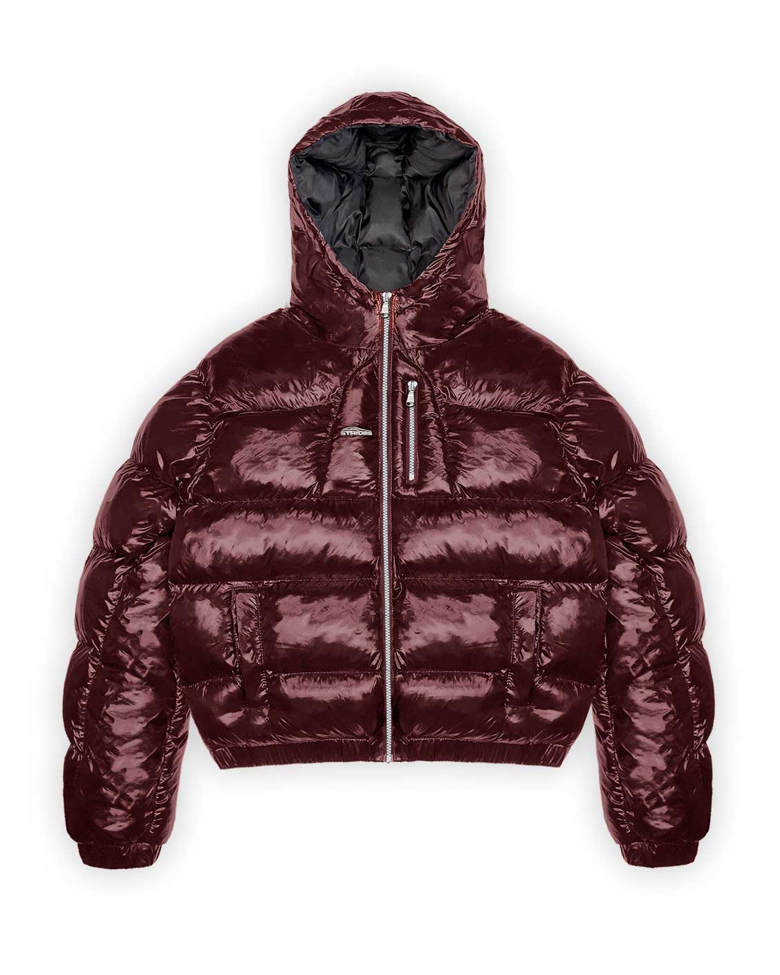 Maroon puffer jacket with a hood on a white background