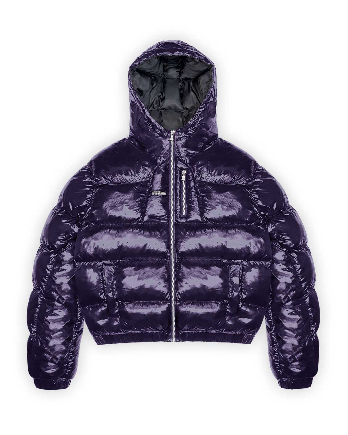 Shiny purple puffer jacket with a hood on a white background