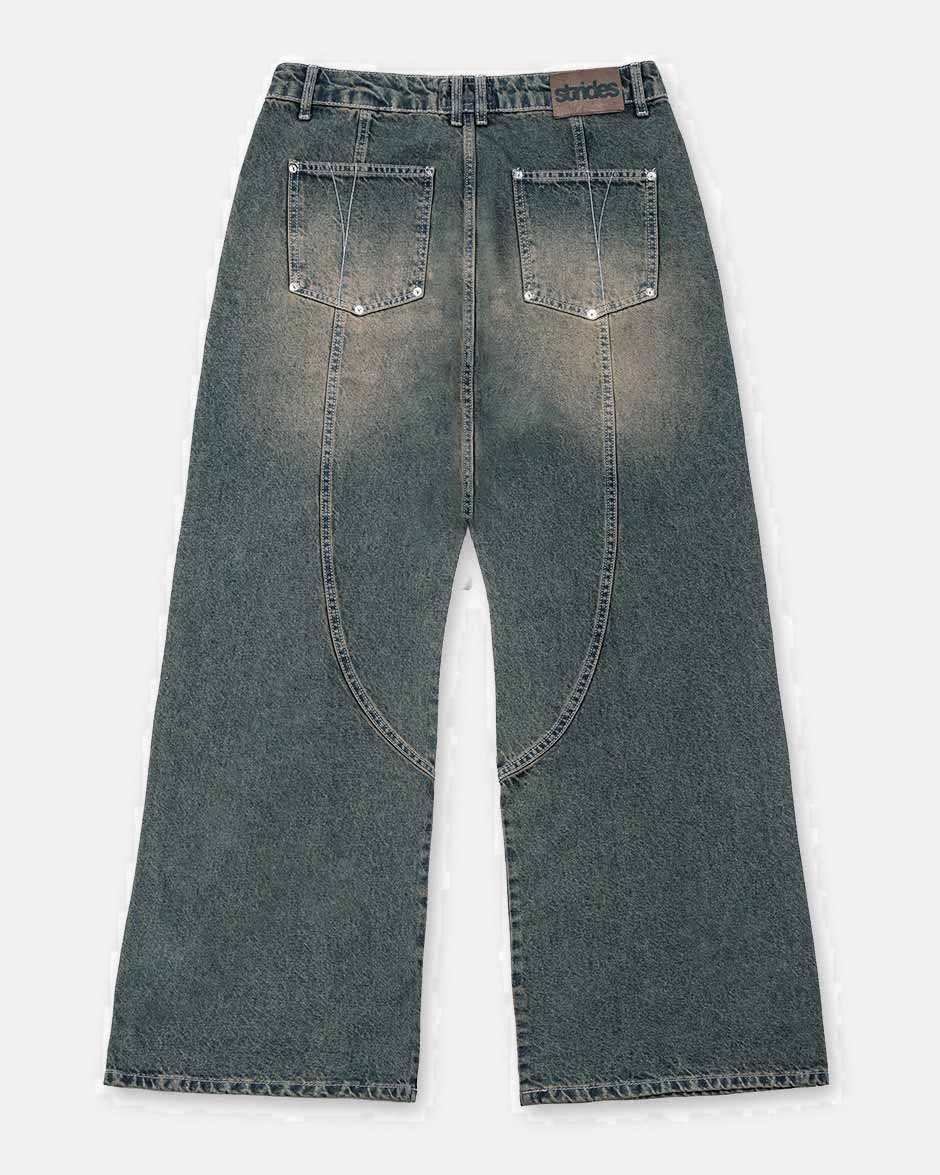 Claw Denim Dark Blue Yellow, back view on a light grey background