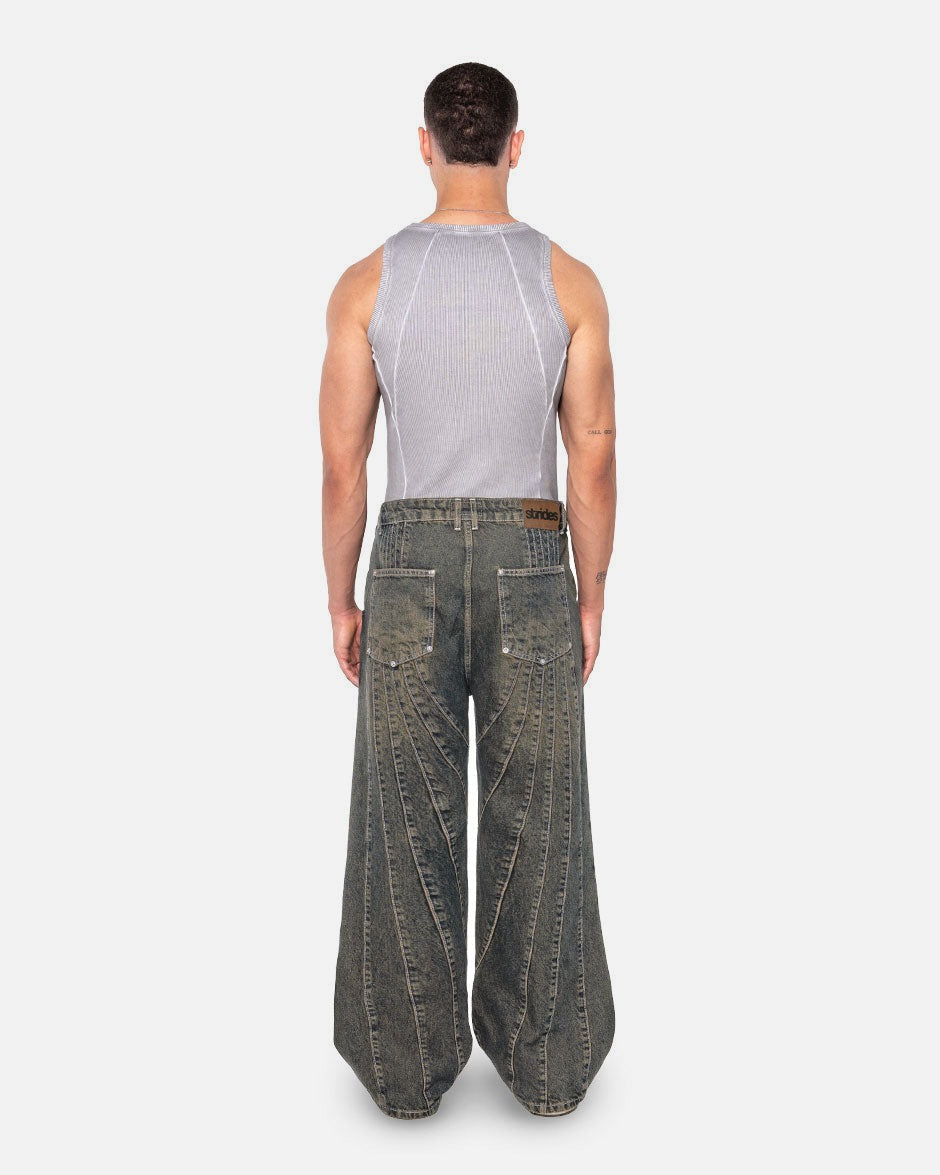 Multiclaw Denim Dark Blue Yellow, back view on a light grey background