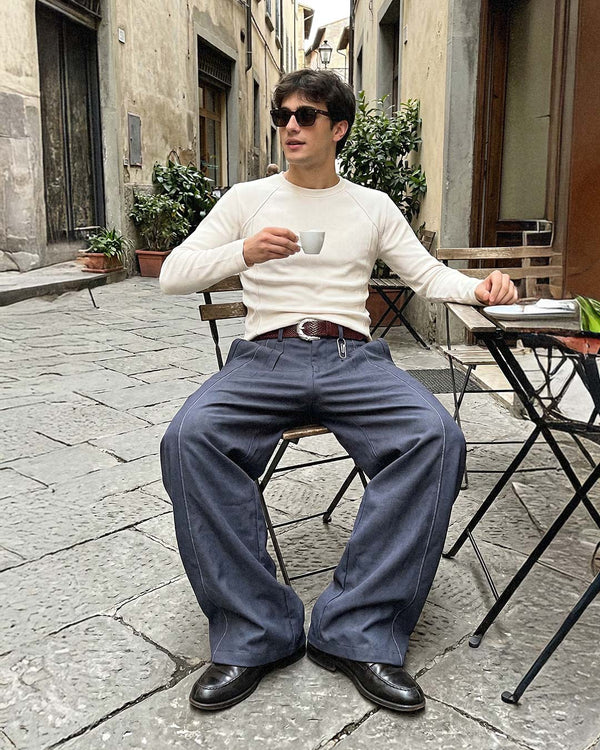 At a pavement café, wearing the Heavy Slim Rib Longsleeve in cream