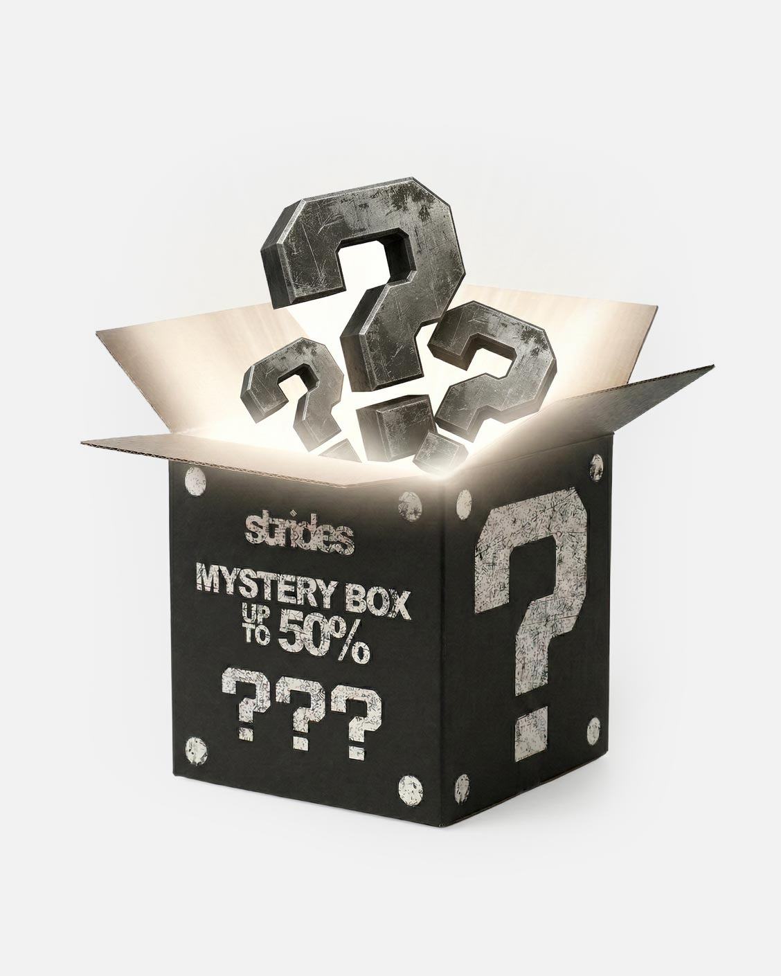 Mystery Box Tier 5, flat lay, front view on a light grey background