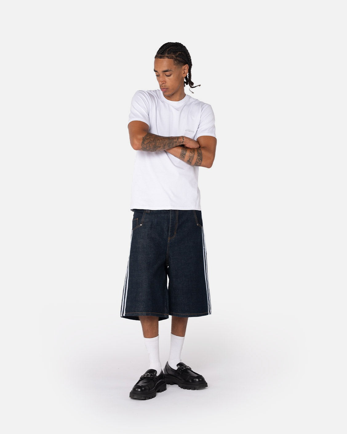 Raw Denim Soccer Jorts, product view 2 on a light grey background