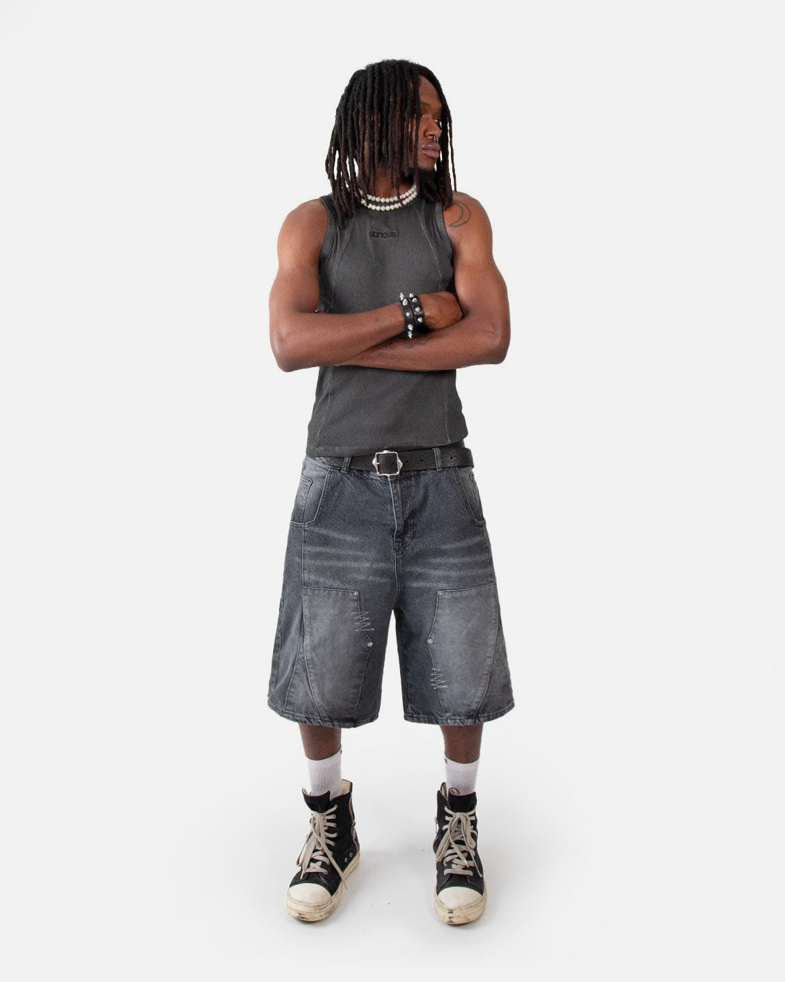 Line Tank Top Black Oil Wash, worn by a model on a light grey background