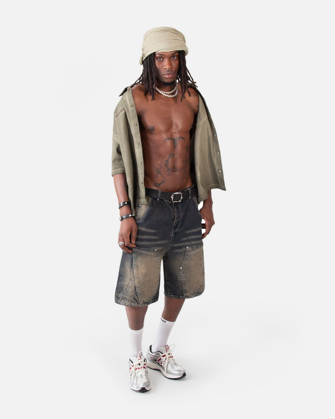Carpenter Split Jorts Dark Blue Yellow, worn by a model on a light grey background
