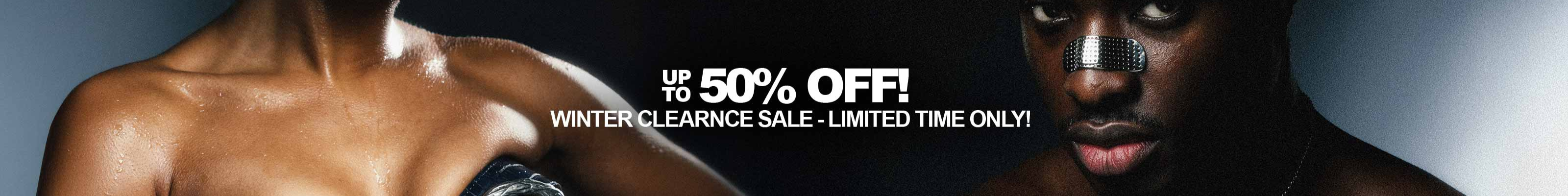 Promotional banner with a person and text about a winter clearance sale with 50% off.