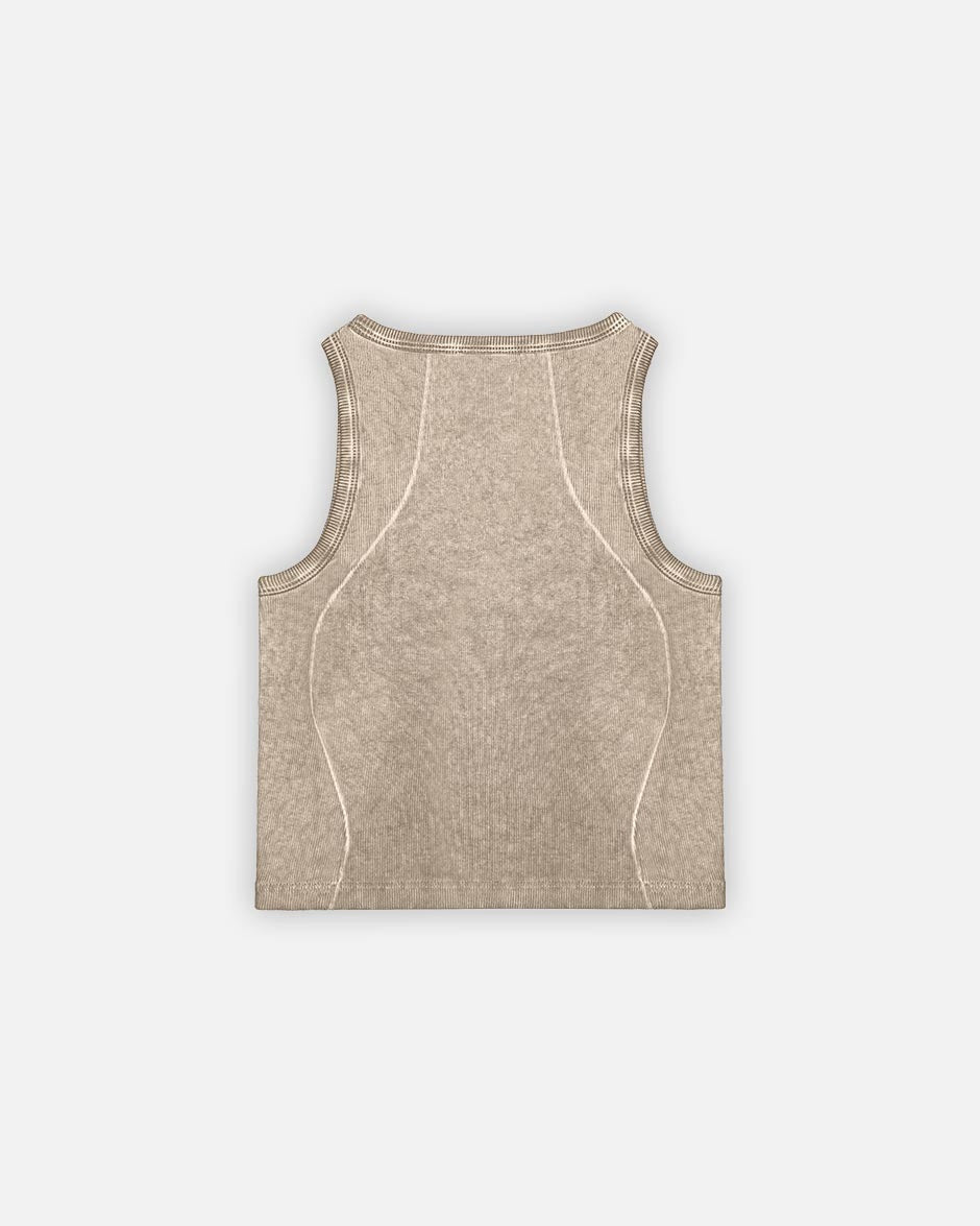 Curve Crop Top Beige Oil Wash, back view on a light grey background