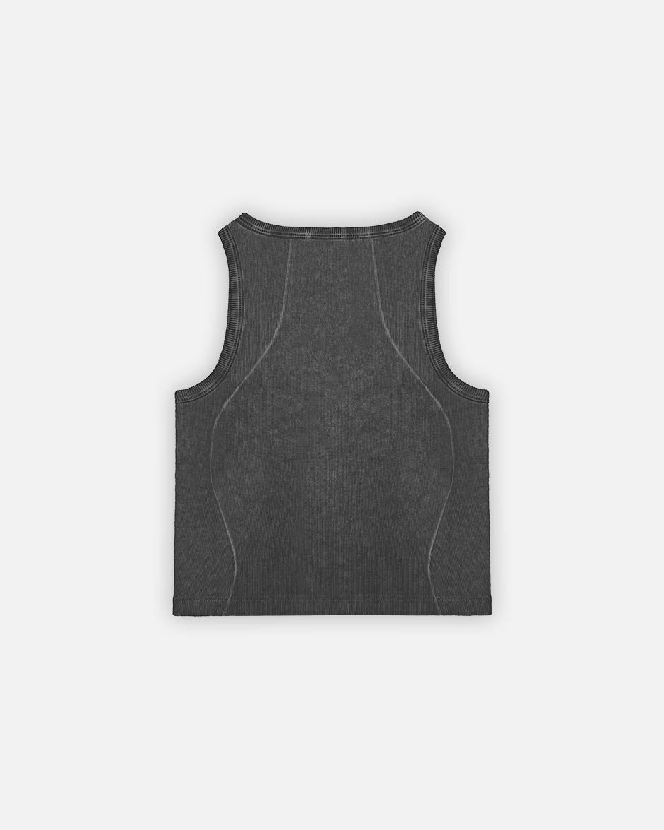 Curve Crop Top Black Oil Wash, back view on a light grey background