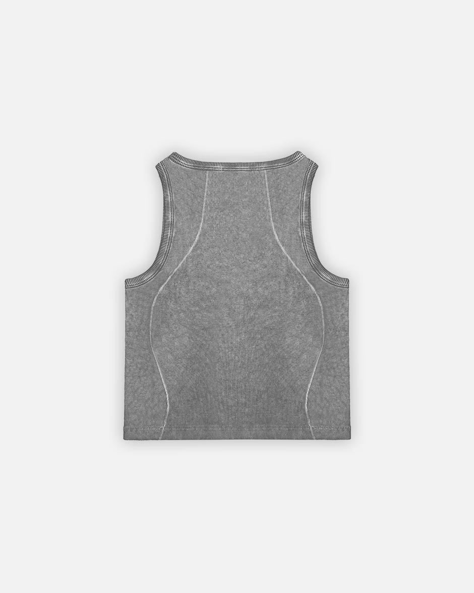 Curve Crop Top Grey Oil Wash, back view on a light grey background