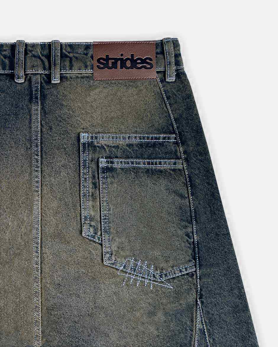 Carpenter Split Jorts Dark Blue Yellow, back view on a light grey background