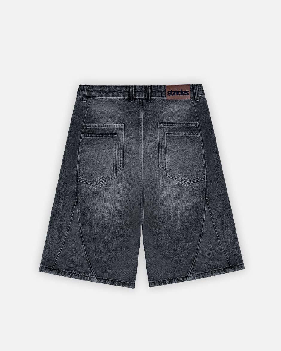 Carpenter Split Jorts Black, back view on a light grey background