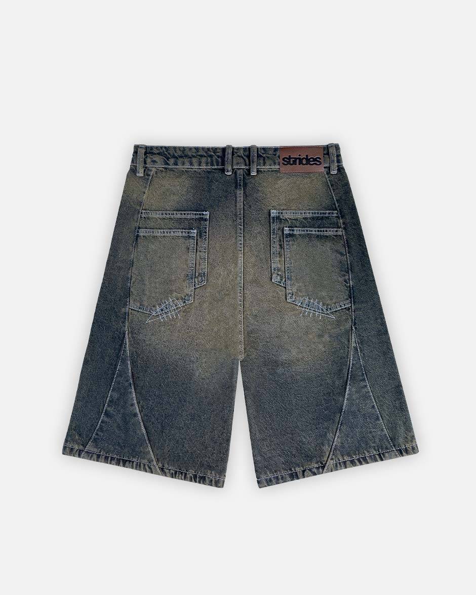 Carpenter Split Jorts Dark Blue Yellow, back view on a light grey background