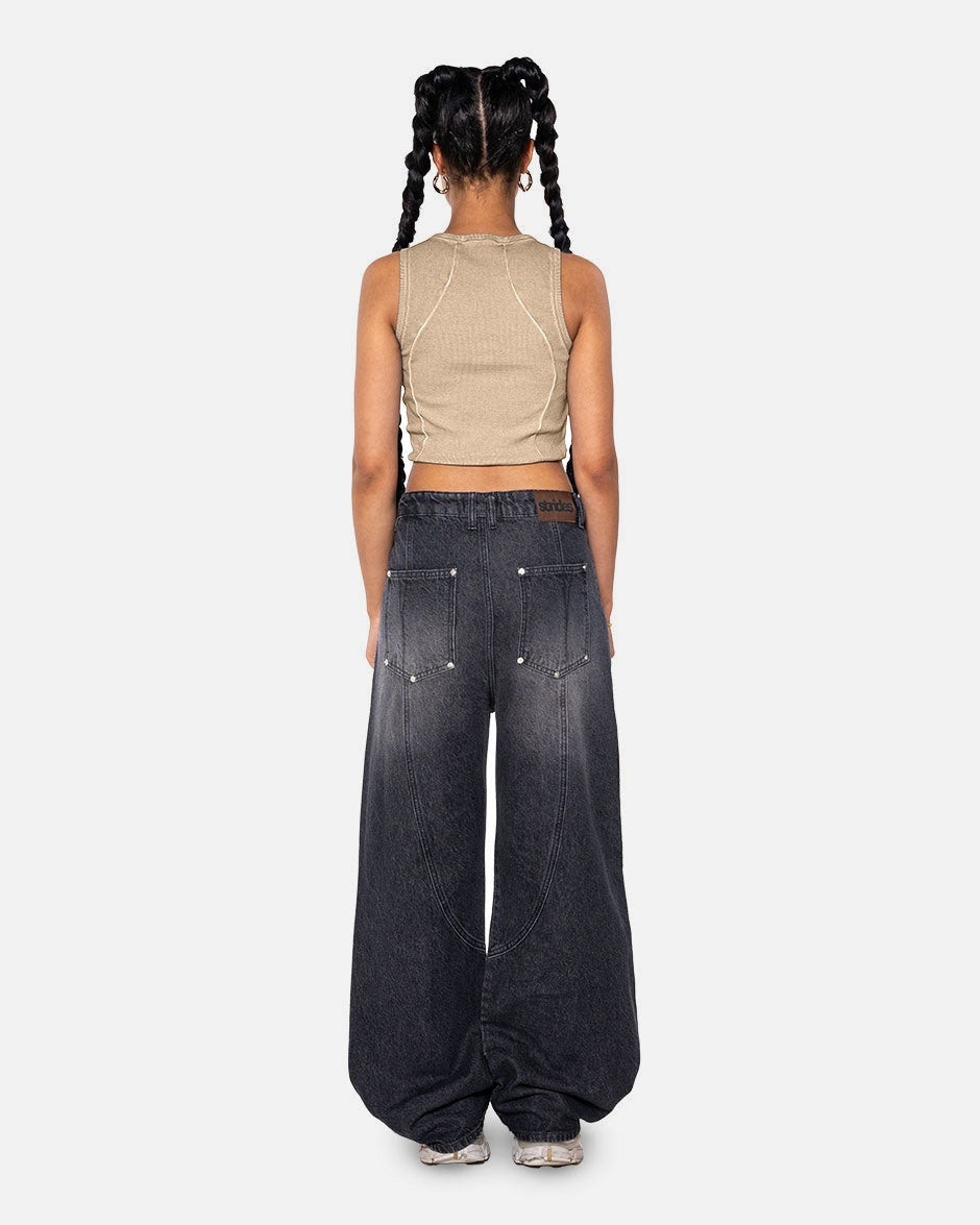 Curve Crop Top Beige Oil Wash, back view on a light grey background