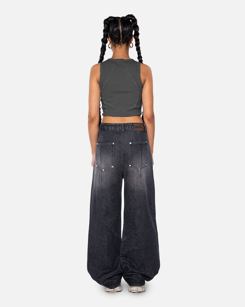 Curve Crop Top Black Oil Wash, back view on a light grey background