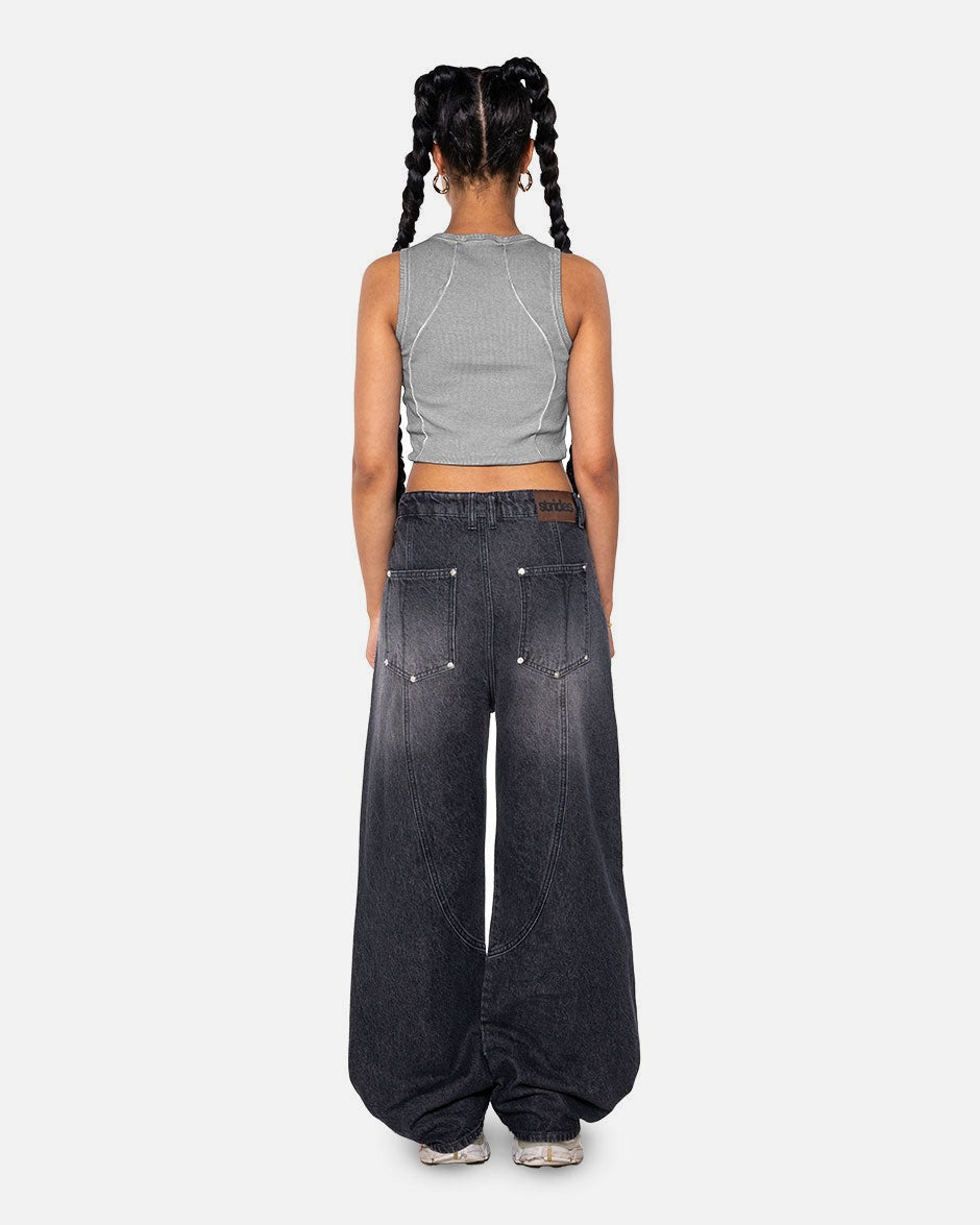 Curve Crop Top Grey Oil Wash, back view on a light grey background