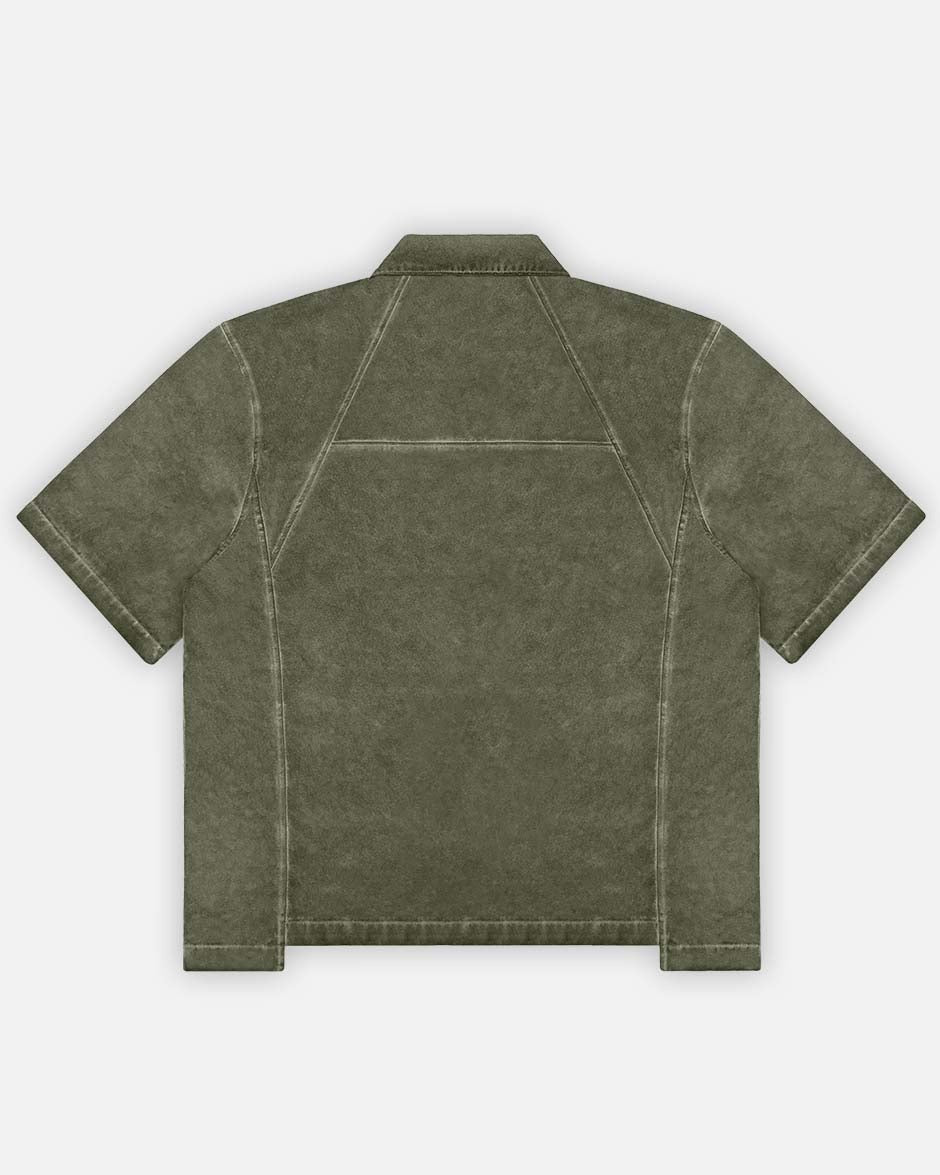 Ranger Shirt Olive Oil Wash, back view on a light grey background