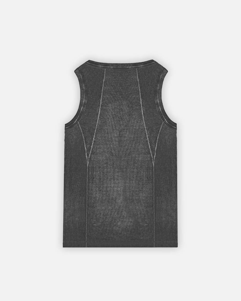 Line Tank Top Black Oil Wash, back view on a light grey background