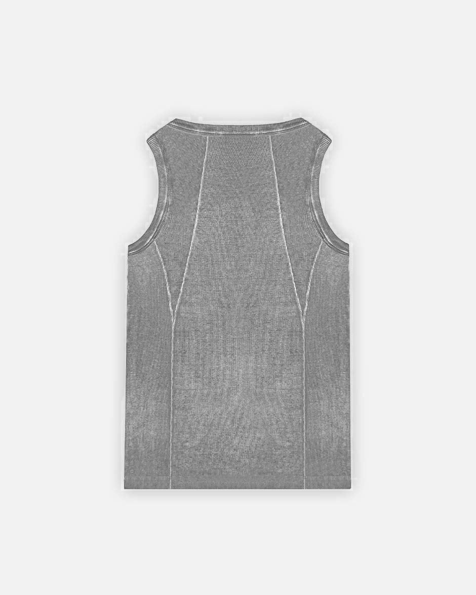 Line Tank Top Grey Oil Wash, back view on a light grey background