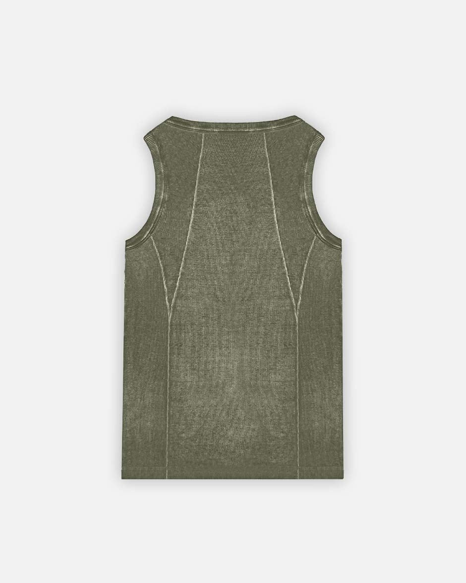 Line Tank Top Olive Oil Wash, back view on a light grey background
