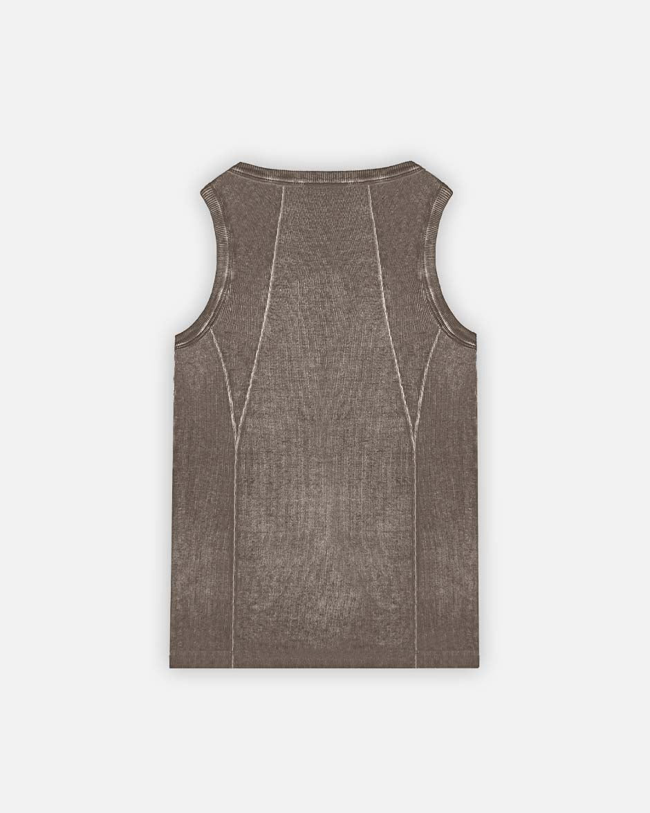 Line Tank Top Brown Oil Wash, back view on a light grey background