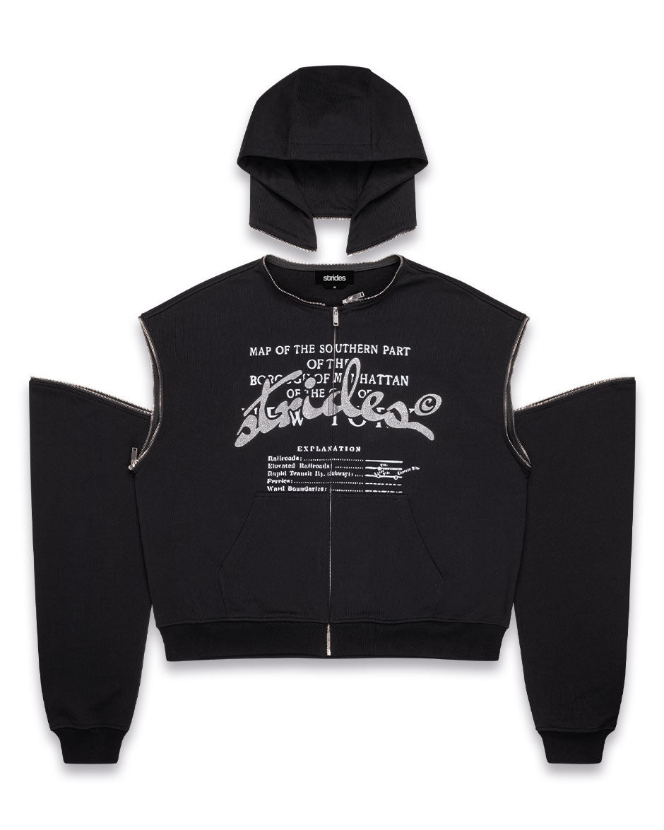 Black hoodie with detachable arms and hood, displayed flat with graphic print on the front.