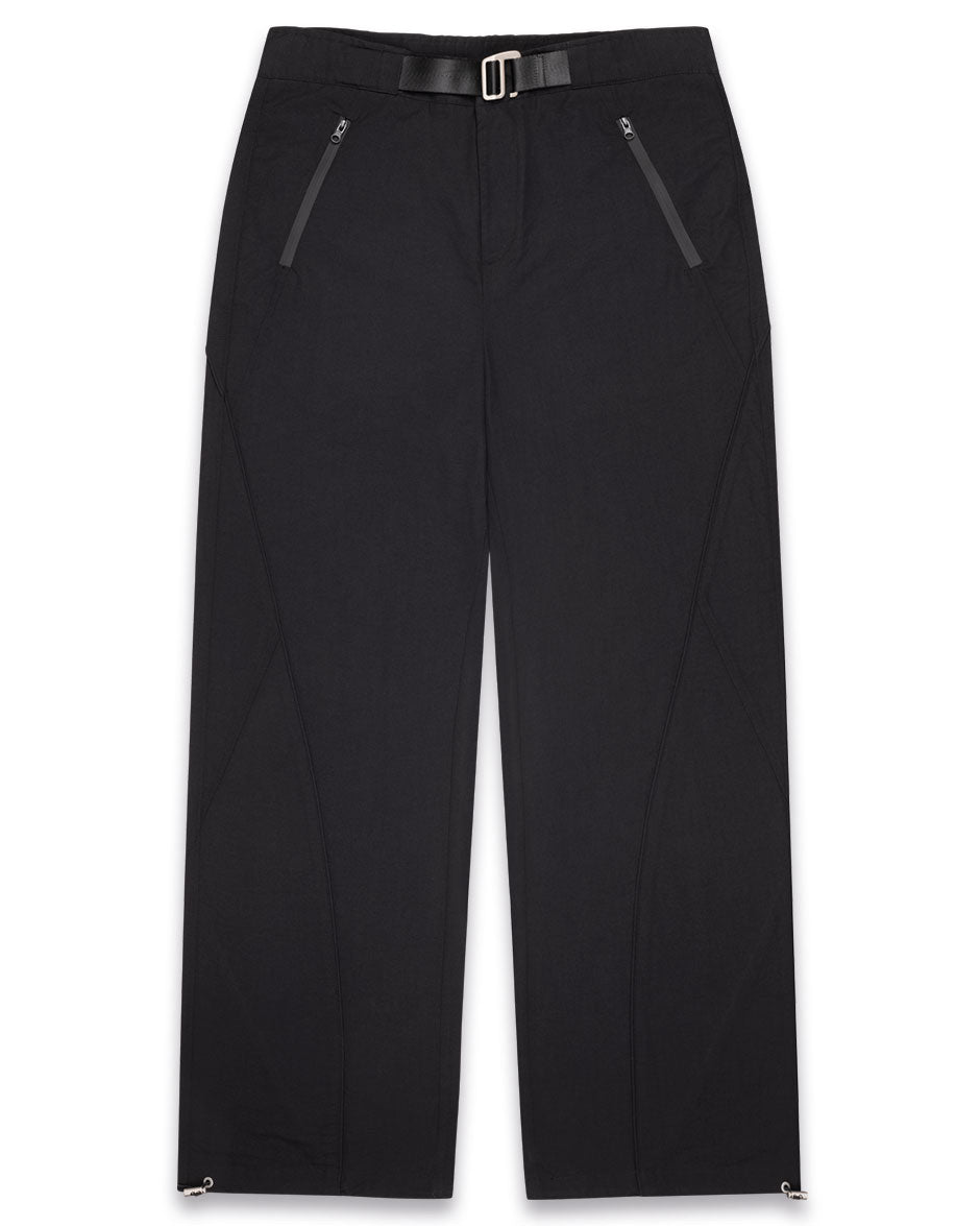 Black nylon sewing line pants with adjustable waist belt and sewing line pattern, featuring water repellent pockets and adjustable leg.