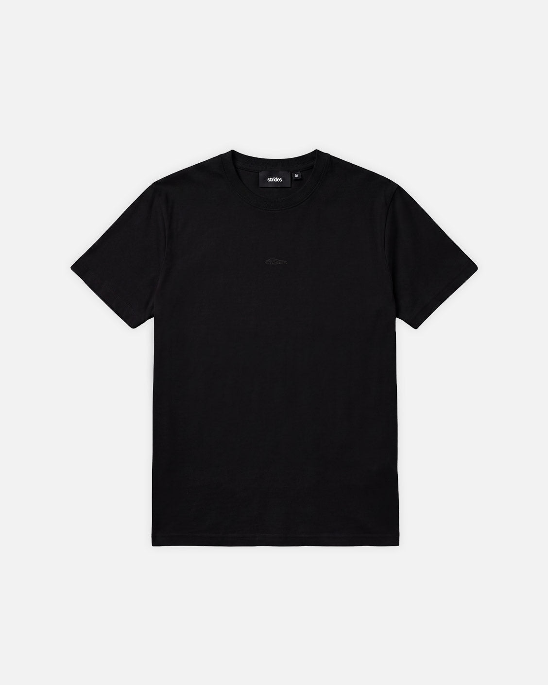 Slim Tee Black, flat lay, front view on a light grey background