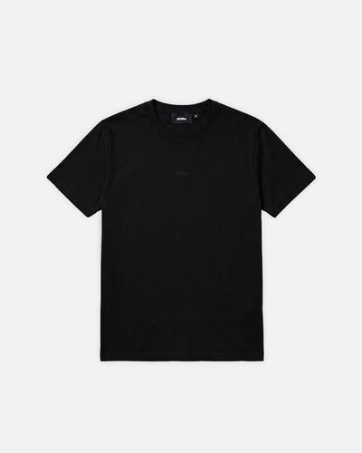 Slim Tee Black, flat lay, front view on a light grey background