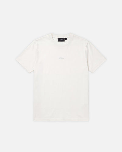 Slim Tee White, flat lay, front view on a light grey background