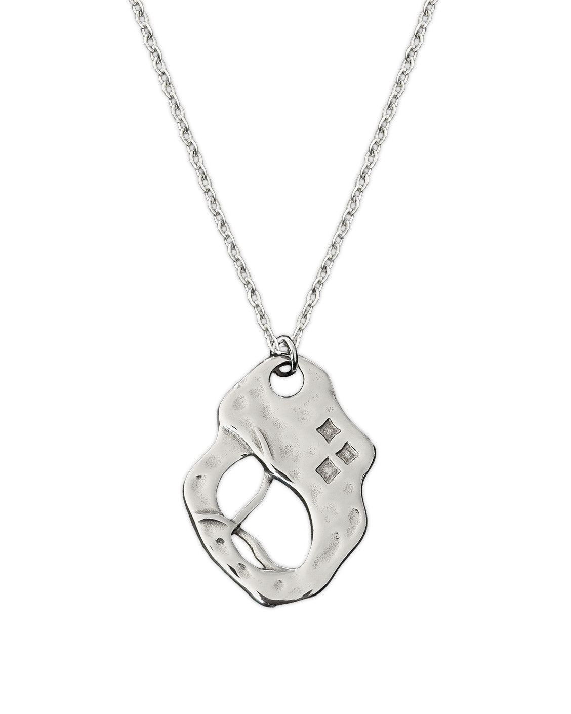 Silver necklace with a unique pendant on a white background