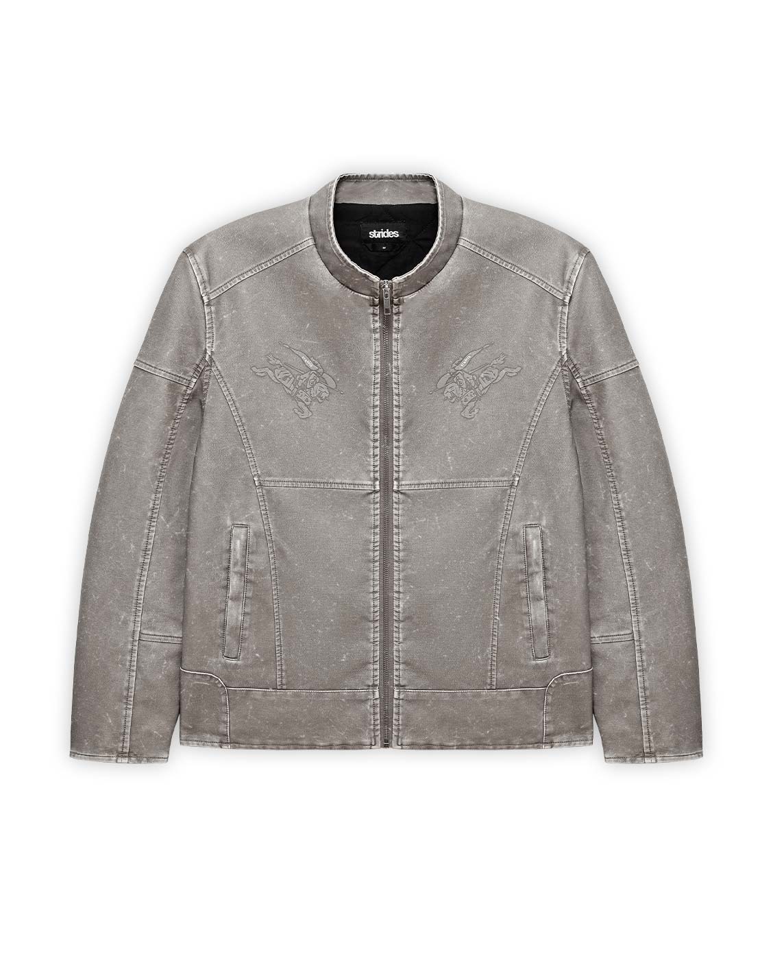 A vintage grey vegan leather jacket with zipper closure and pockets, featuring a regular cropped fit with logo stamp.