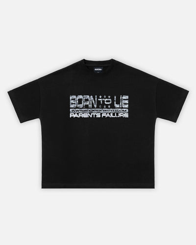 Black t-shirt with white text on a white background