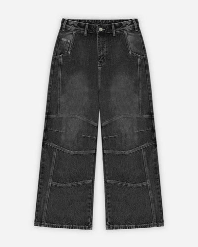 A pair of black denim jeans with a wide fit, featuring a logo leather patch, custom logo button, and rivet details.
