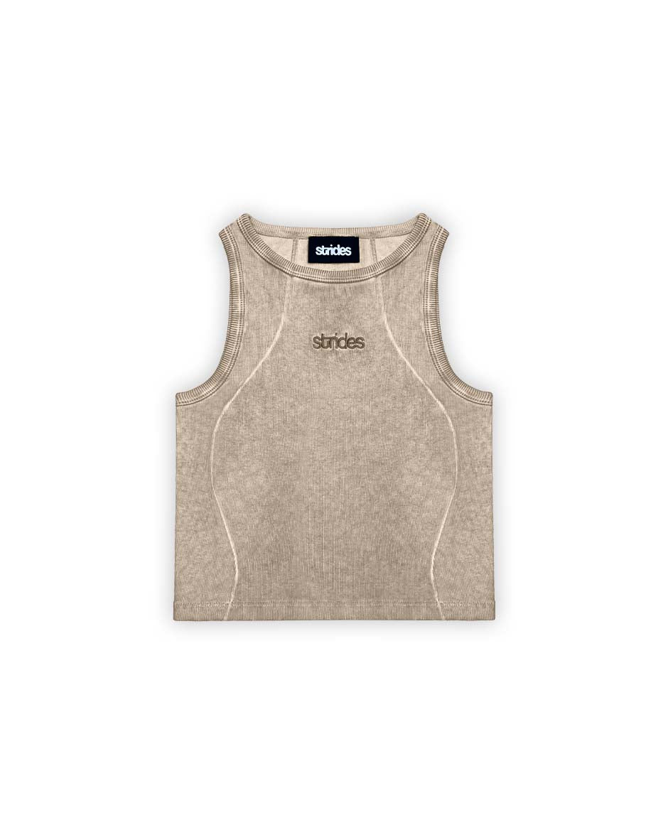 A beige, sleeveless, fine ribbed crop top with oil wash finish and logo embroidery on the front.