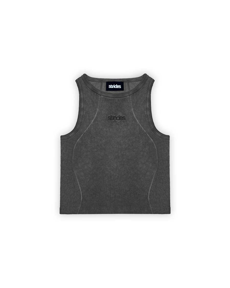 A gray fine ribb crop top with oil washing and logo embroidery at the neckline.