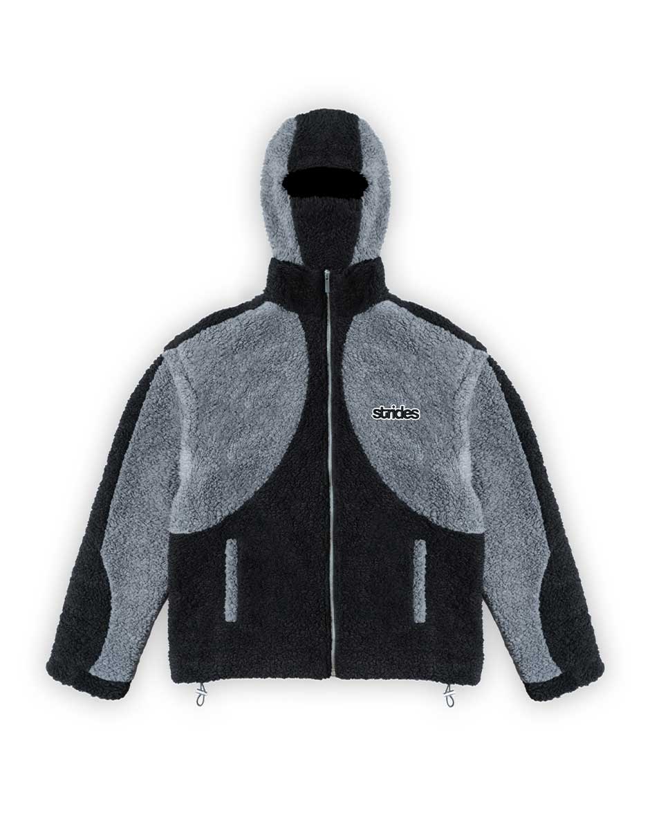 A black and gray fleece jacket with detachable balaclava hood and logo embroidery, featuring drawstrings and a two-tone fleece pattern.