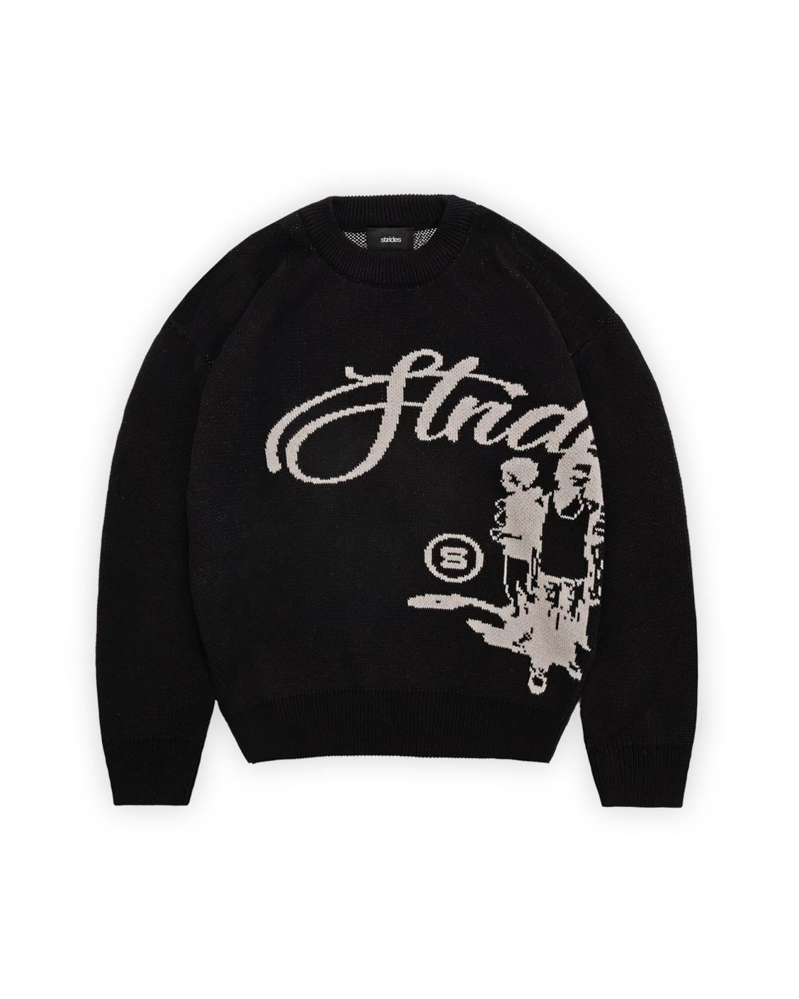 Black sweater with white graphic design on a white background