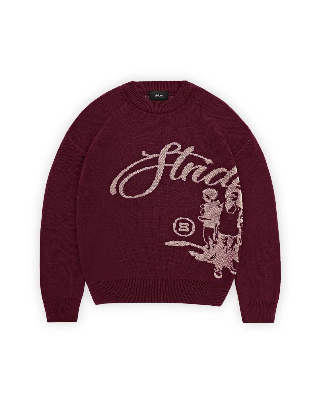 Burgundy knitted sweater with oversized Strides logo graphic.