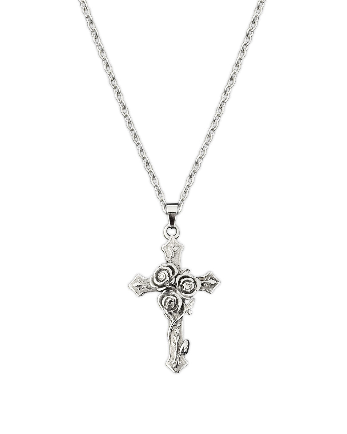 Silver cross necklace with floral design on a white background