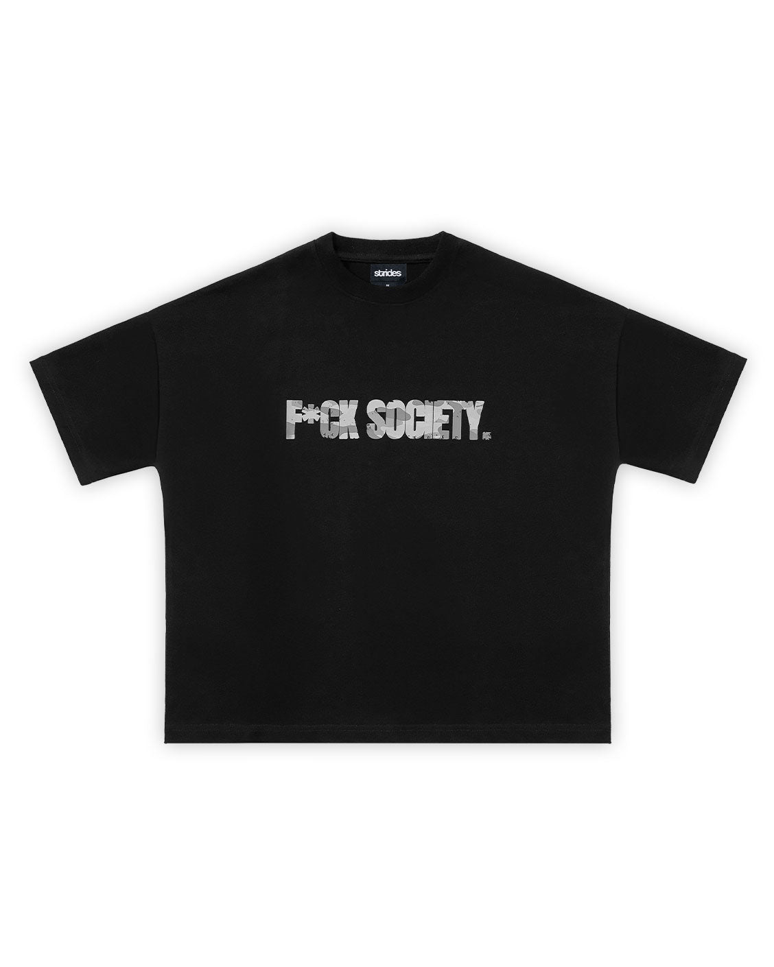 Black t-shirt with 'F*CK SOCIETY' text on a white background