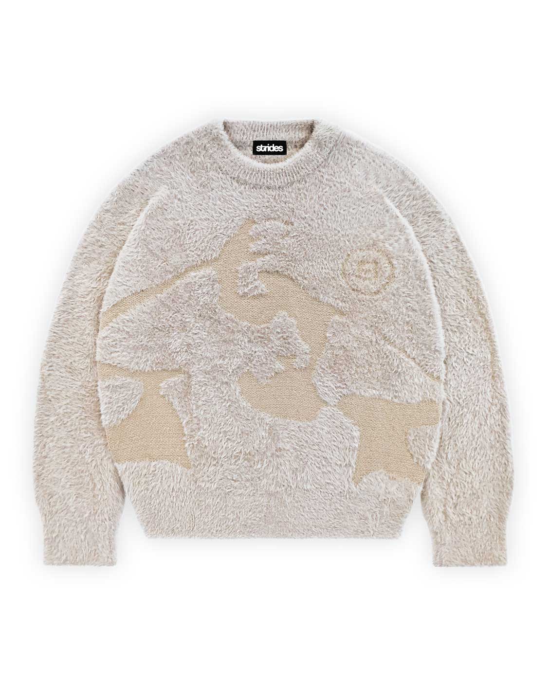 A brown and beige mohair sweater with a geometric pattern.