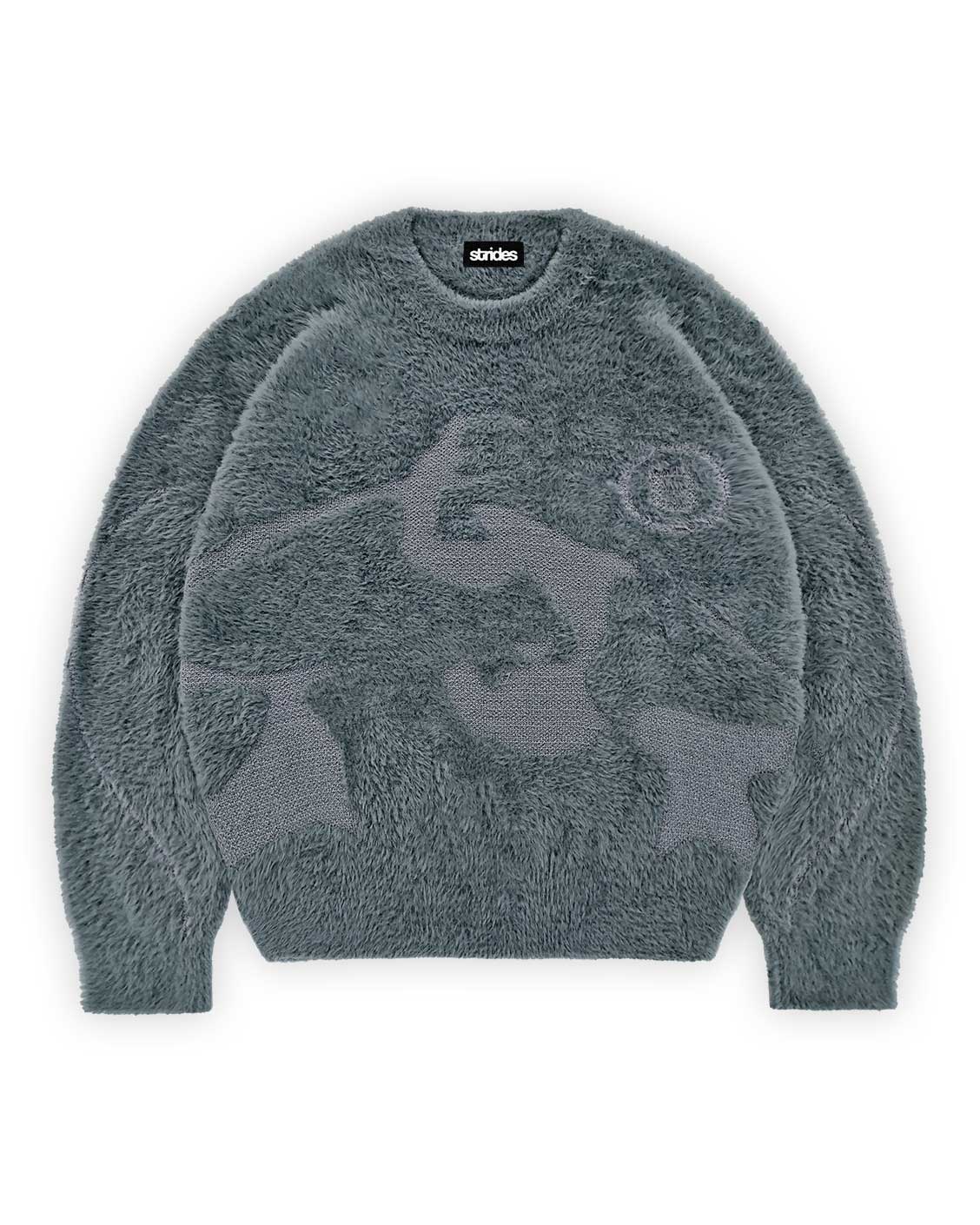 A dark grey mohair sweater with a geometric pattern.
