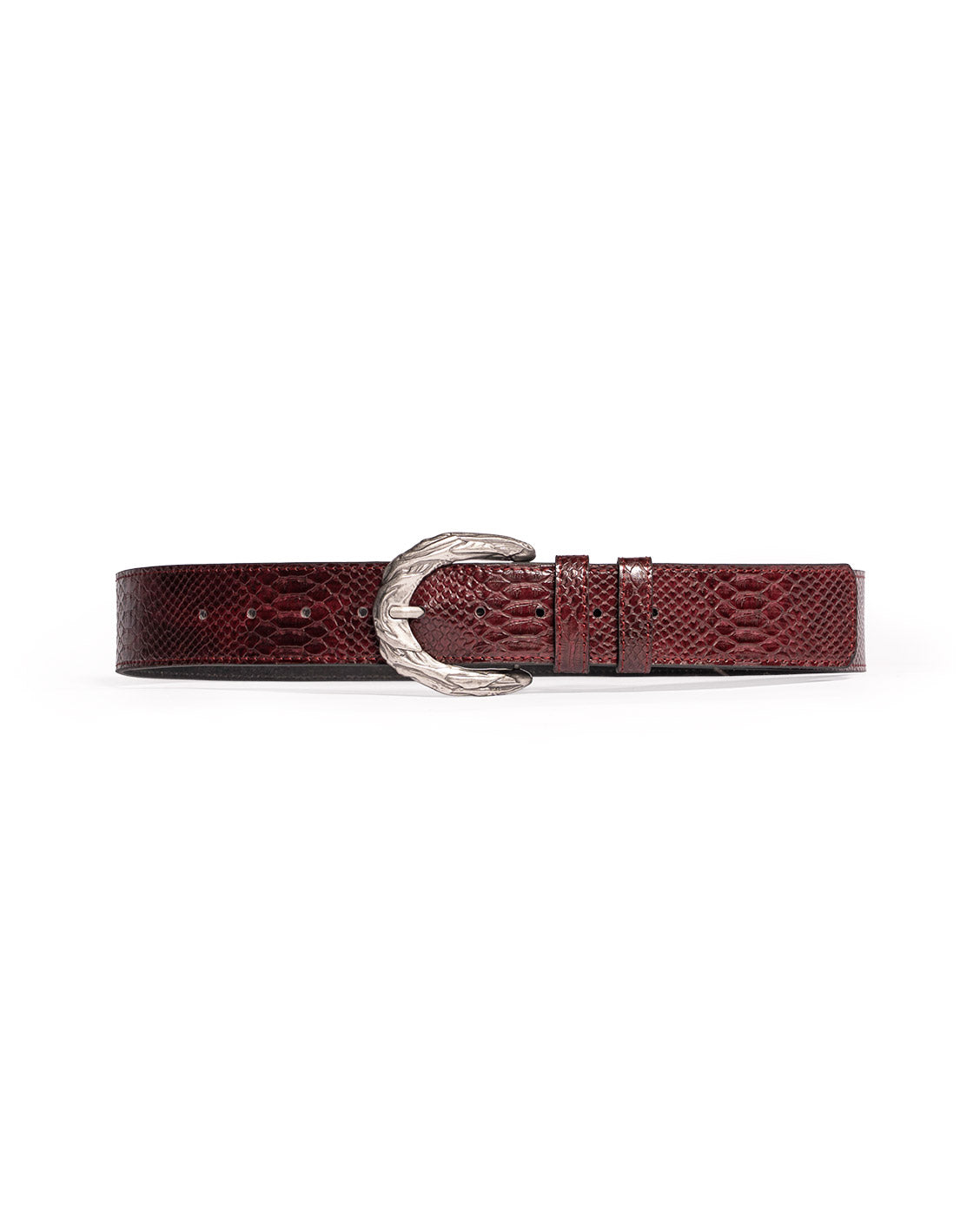 Bordeaux Snake print belt with a silver buckle on a white background