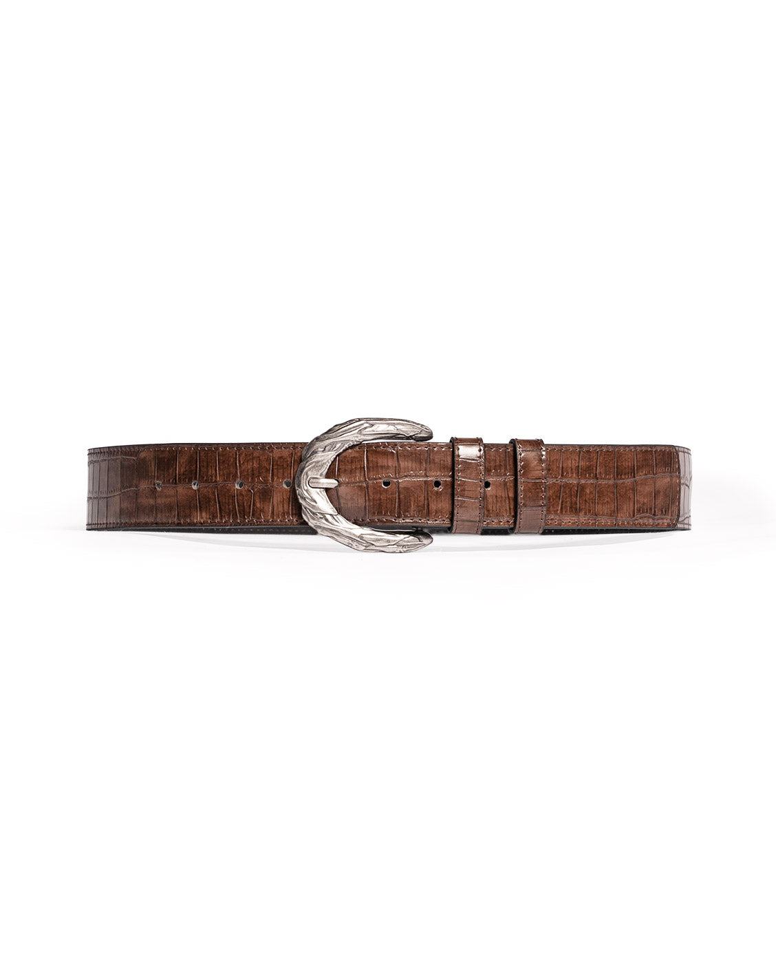Brown leather belt with silver buckle on a white background