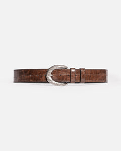 Brown leather belt with silver buckle on a white background