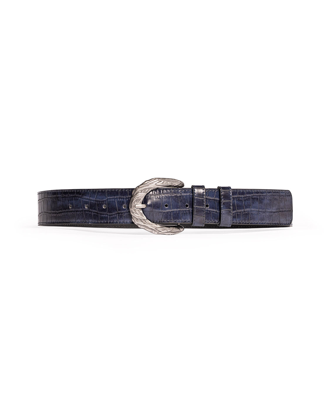 Navy blue belt with silver buckle on a white background