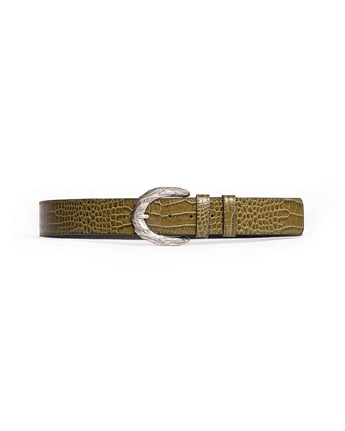 Olive Snake print belt with a silver buckle on a white background